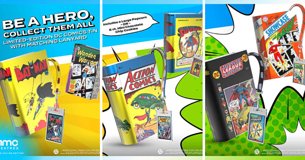 DCコミックスの90周年を記念してAMC Theatresから登場した、ブック型ポップコーンバケット「DC Comic Book Popcorn Tin with Lanyard」の画像。