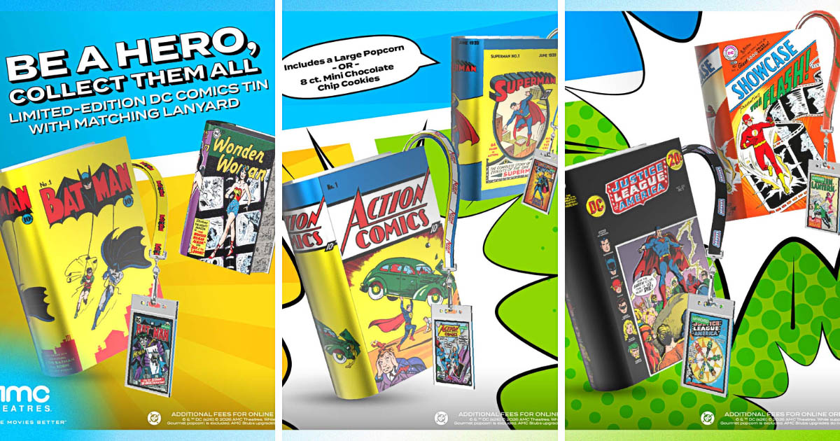 DCコミックスの90周年を記念してAMC Theatresから登場した、ブック型ポップコーンバケット「DC Comic Book Popcorn Tin with Lanyard」の画像。