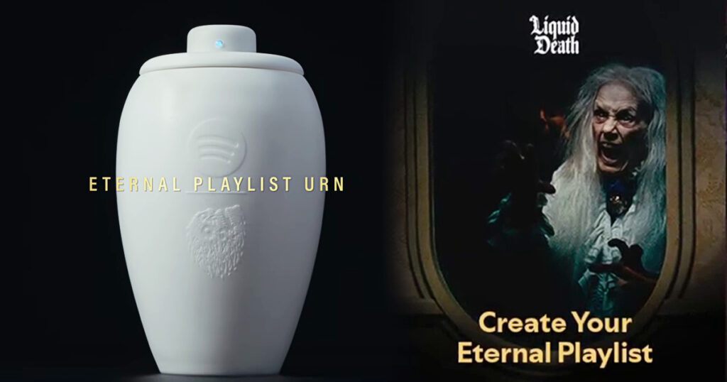 SpotifyとLiquid Deathが発表した、世界初の“音楽ストリーミング対応”骨壺「Eternal Playlist Urn」の画像。