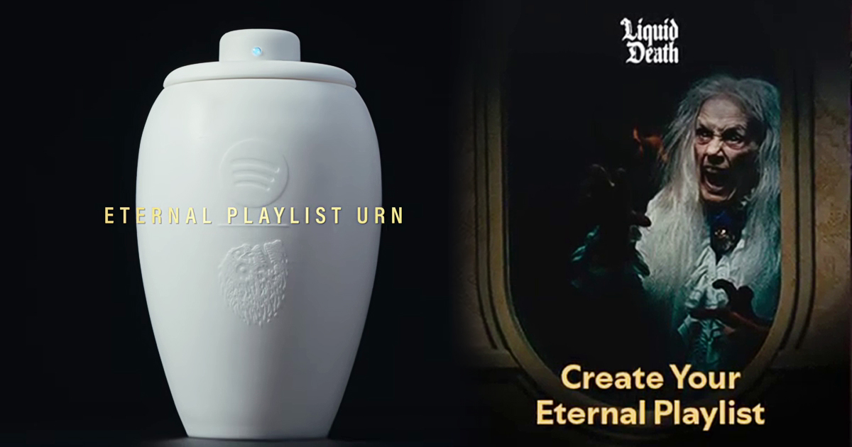 SpotifyとLiquid Deathが発表した、世界初の“音楽ストリーミング対応”骨壺「Eternal Playlist Urn」の画像。