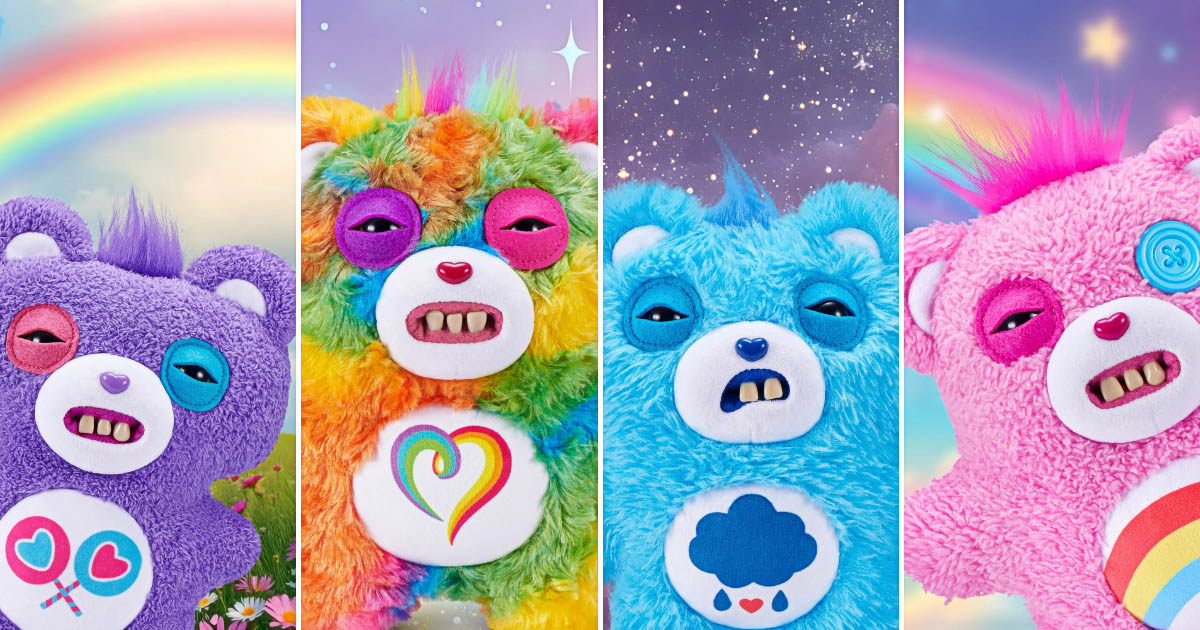 ケアベアとファグラーによるコラボぬいぐるみシリーズの画像。