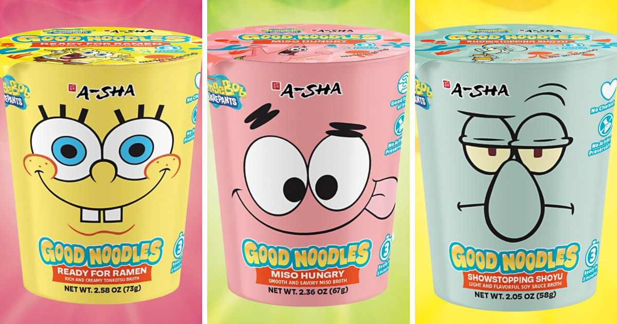 人気ノンフライ麺ブランド「A-Sha」と、アニメ『スポンジ・ボブ』がコラボした「Good Noodles」シリーズの画像。