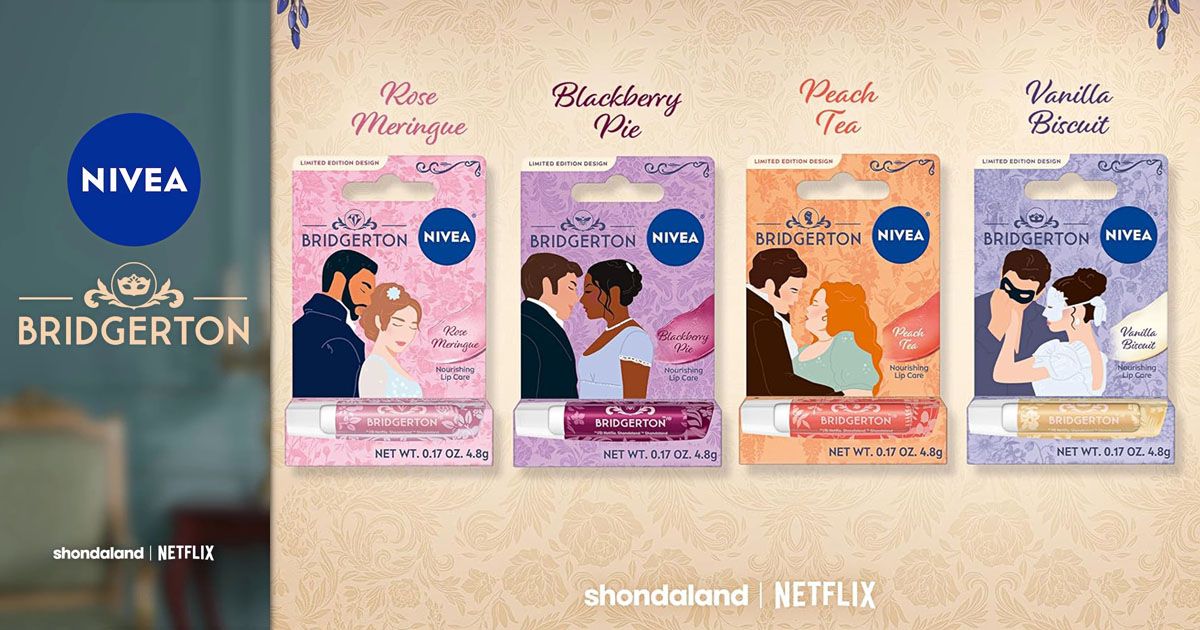 NIVEAが、『ブリジャートン』とコラボした、「NIVEA x Bridgerton Nourishing Lip Care Collection」の画像。