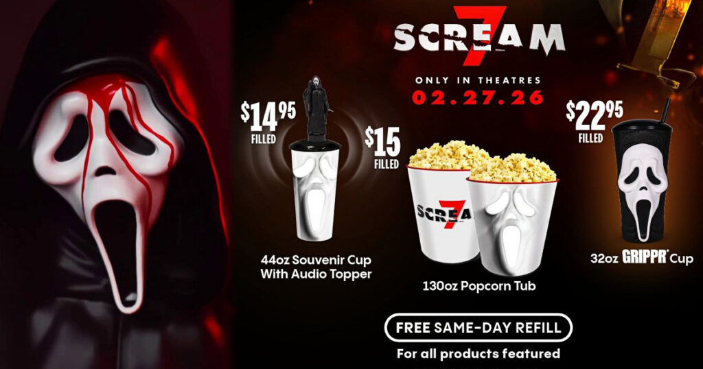 ホラー映画『スクリーム7』に合わせ、米国Cinemarkから発売される限定のオリジナルグッズの画像。