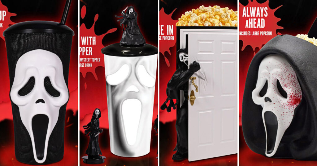 ホラー映画『スクリーム7』に合わせ、米国AMC Theatresから発売される限定ポップコーンバケットとドリンクカップの画像。