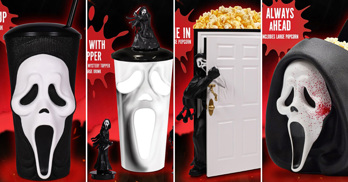ホラー映画『スクリーム7』に合わせ、米国AMC Theatresから発売される限定ポップコーンバケットとドリンクカップの画像。