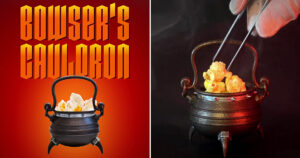 ギネス公式の「世界最小ポップコーンコンテナ」に認定された、『ザ・スーパーマリオギャラクシー・ムービー』クッパの小さな釜ポップコーンバケットの画像。