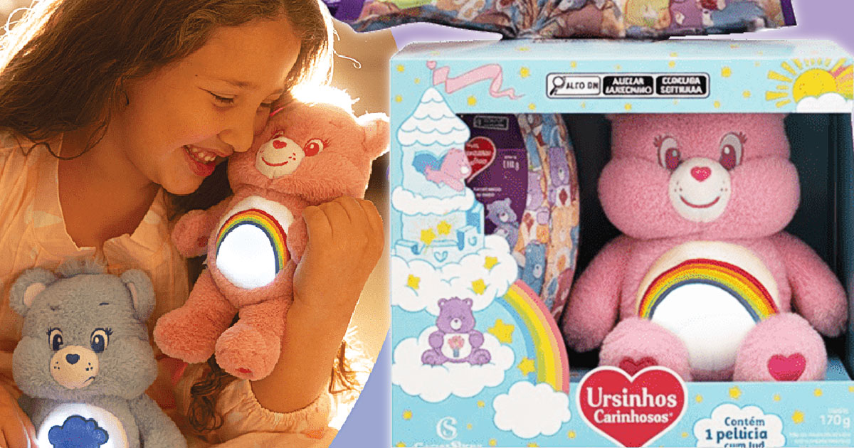 2026年ブラジルのイースターに登場した、ケアベアのLEDぬいぐるみ付きイースターエッグの画像。