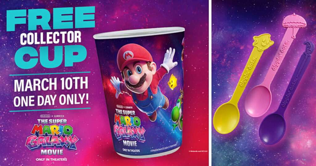 米国のアイスクリームブランド ディッピン・ドッツ が、映画 『ザ・スーパーマリオギャラクシー・ムービー』とタッグを組み発表した、限定フレーバー「Galaxy Pop」の画像。