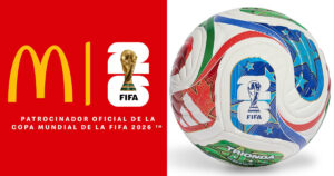 メキシコのマクドナルドが、2026 FIFA World Cupの公式スポンサーとして販売する、大会公式ボール「TRIONDA」をモチーフにしたミニボールの画像。