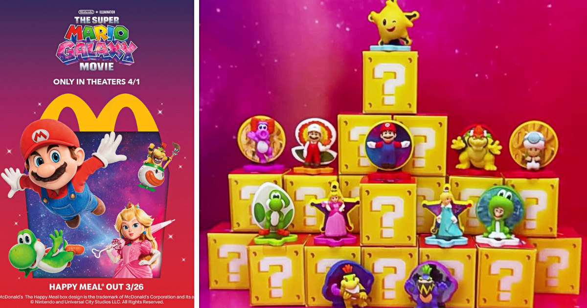 米国のマクドナルドが展開する、映画『ザ・スーパーマリオギャラクシー・ムービー』と連動したハッピーセットの画像。