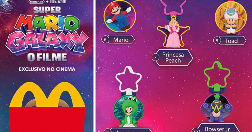 ブラジルのマクドナルドが展開する、映画『ザ・スーパーマリオギャラクシー・ムービー』と連動したハッピーセットの画像。