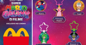 ブラジルのマクドナルドが展開する、映画『ザ・スーパーマリオギャラクシー・ムービー』と連動したハッピーセットの画像。