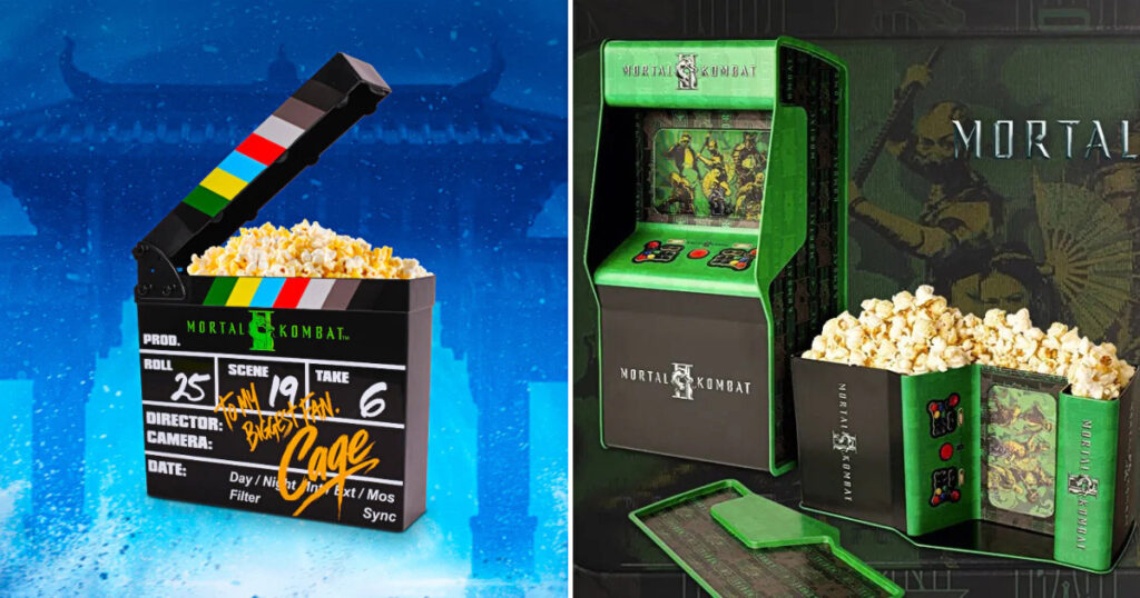 映画『モータルコンバット／ネクストラウンド』公開にあわせ、米CinemarkとブラジルCinépolisから登場した、ポップコーンバケットとグッズの画像。