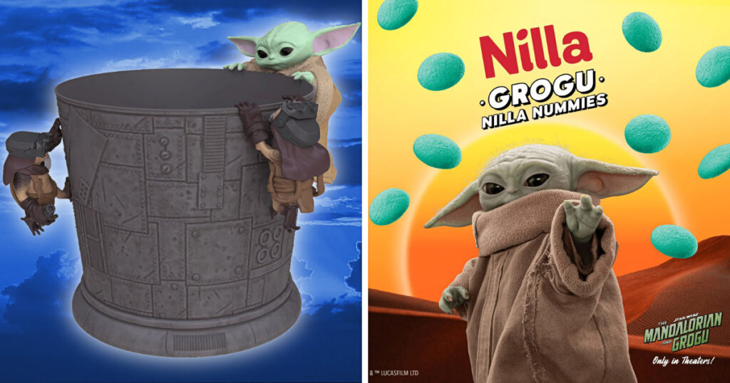映画『スター・ウォーズ／マンダロリアン・アンド・グローグー』の公開に先駆けて、ウォルマートが販売する「ポップコーンバケット」と「青いクッキー」の画像。