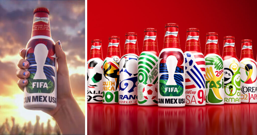 バドワイザーが、FIFAワールドカップ公式スポンサー40周年を記念し発売する、歴代大会の記憶をまとったアルミボトルコレクション「FIFA World Cup™ Anniversary Pack」の画像。