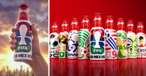 バドワイザーが、FIFAワールドカップ公式スポンサー40周年を記念し発売する、歴代大会の記憶をまとったアルミボトルコレクション「FIFA World Cup™ Anniversary Pack」の画像。