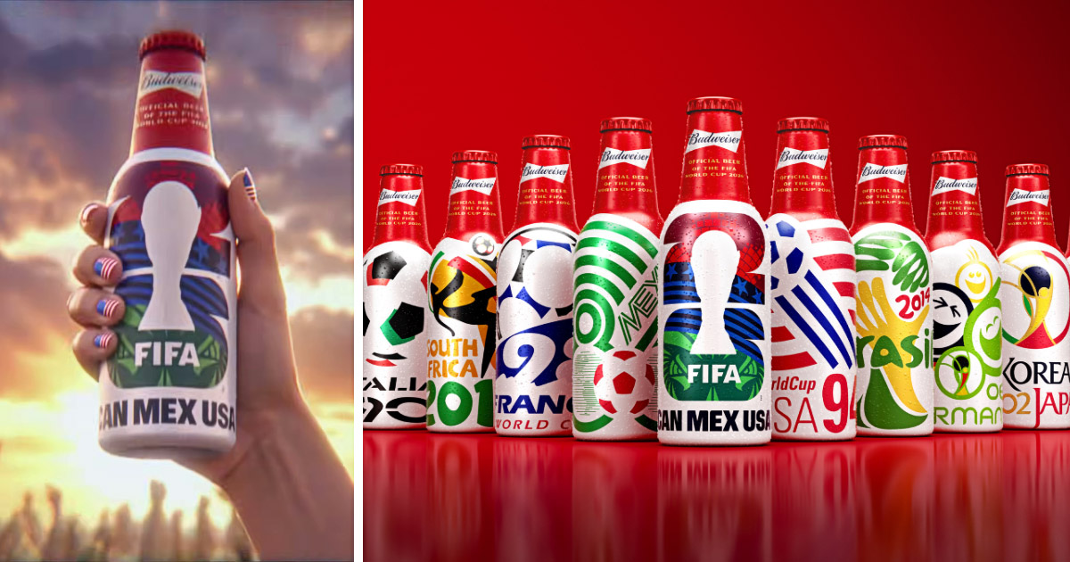バドワイザーが、FIFAワールドカップ公式スポンサー40周年を記念し発売する、歴代大会の記憶をまとったアルミボトルコレクション「FIFA World Cup™ Anniversary Pack」の画像。