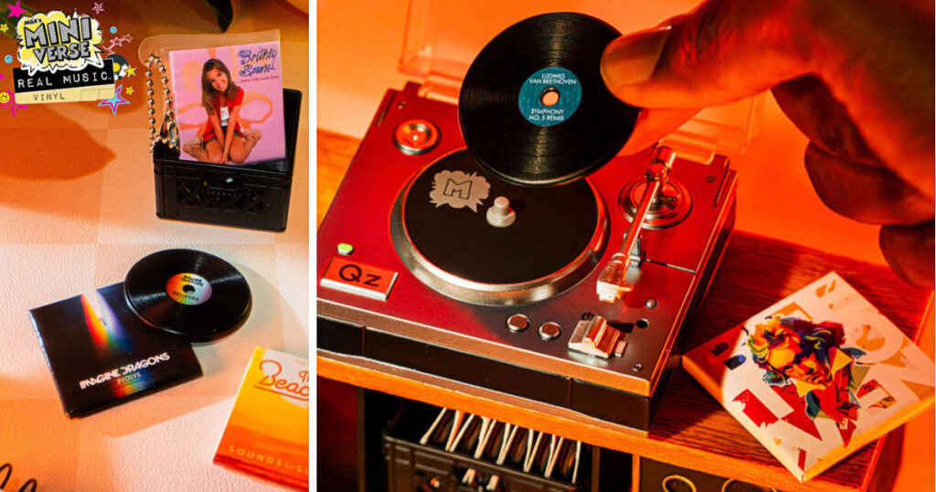 MGAエンターテインメントが発売する、実際に音楽が再生できるミニチュアレコードプレーヤーとミニレコードのコレクション商品「MGA’s Miniverse Real Music」の画像。