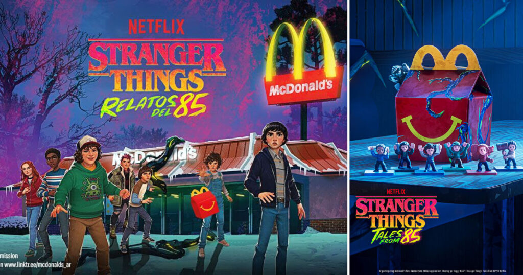 Netflixアニメ『ストレンジャー・シングス: 1985年の冒険』の配信を記念して、世界各国のマクドナルドで展開されるハッピーセットの画像。