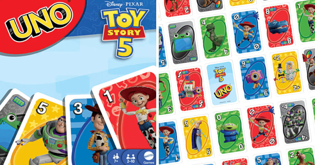 映画公開に先駆け、マテル社から登場した『トイ・ストーリー5』をテーマにしたUNOカードゲームの画像。