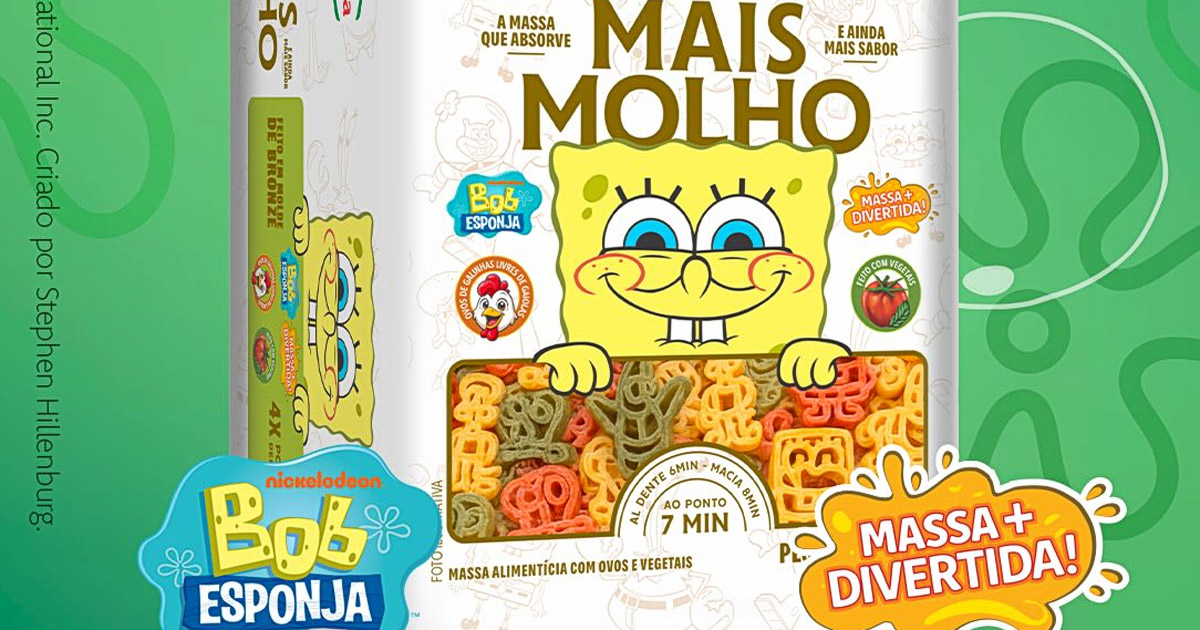 ブラジルの食品ブランド Orquídea が展開する、『スポンジ・ボブ』とコラボレーションした「Mais Molho」シリーズの新作パスタの画像。