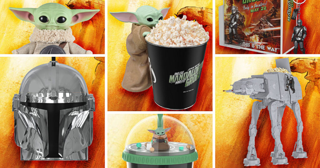 映画『スター・ウォーズ／マンダロリアン＆グローグー』の公開にあわせて、Marcus Theatres が展開するポップコーンバケットやグッズの画像。