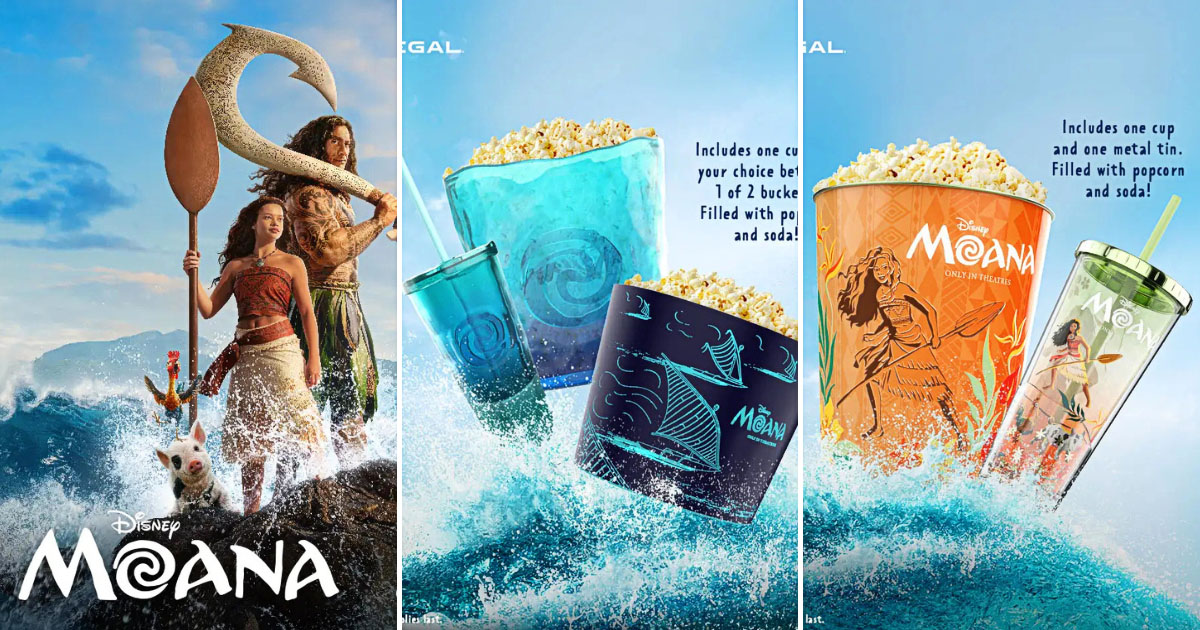 実写映画『モアナと伝説の海』の公開にあわせ、アメリカの映画館チェーン Regal Cinemas が発表した限定ポップコーンバケットやグッズの画像。