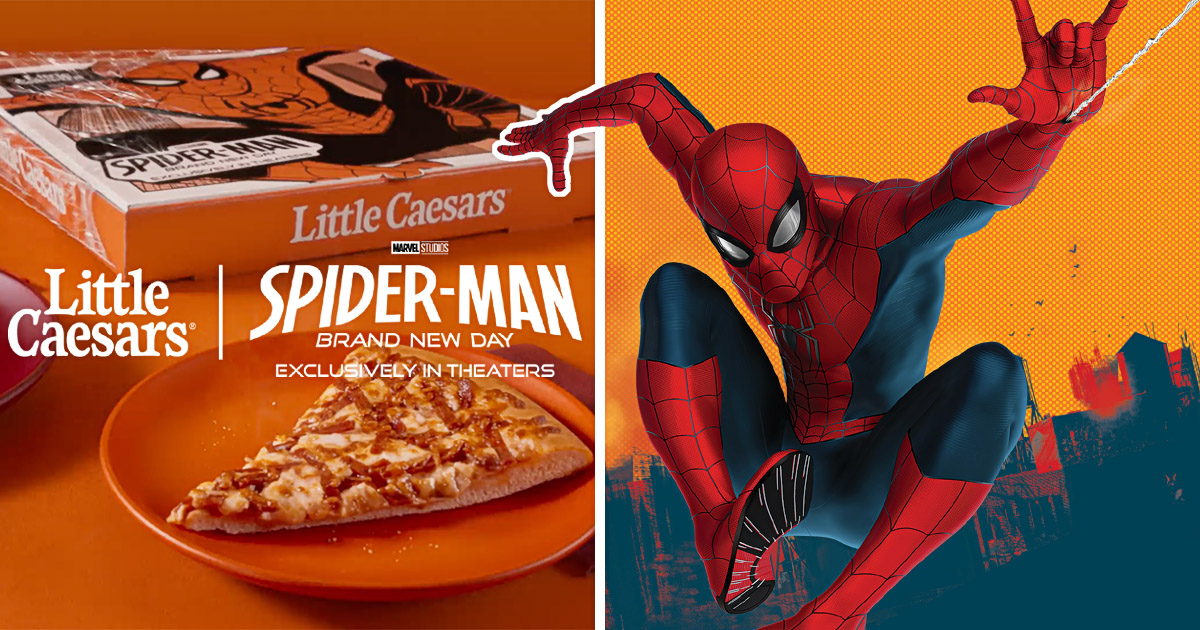 アメリカのピザチェーン「リトル・シーザーズ」が発表した、映画『スパイダーマン：ブランド・ニュー・デイ』とのコラボレーションキャンペーンの画像。