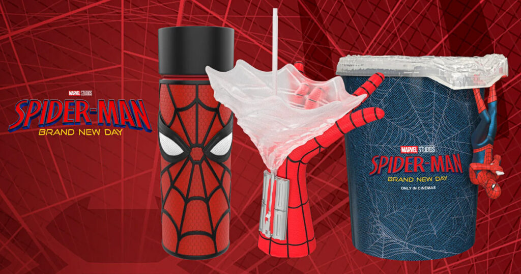 映画『スパイダーマン:ブランド・ニュー・デイ』の公開にあわせ、アメリカの映画館チェーン Cinemark のオンラインショップが発表した限定ポップコーンバケットやグッズの画像。