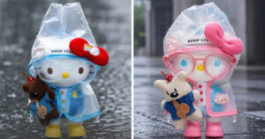 台湾のショップ「hayai store」で販売されている、透明なレインコートをまとったハローキティの吊り下げマスコット「正版授權 HELLO KITTY 雨衣版吊飾」の画像。