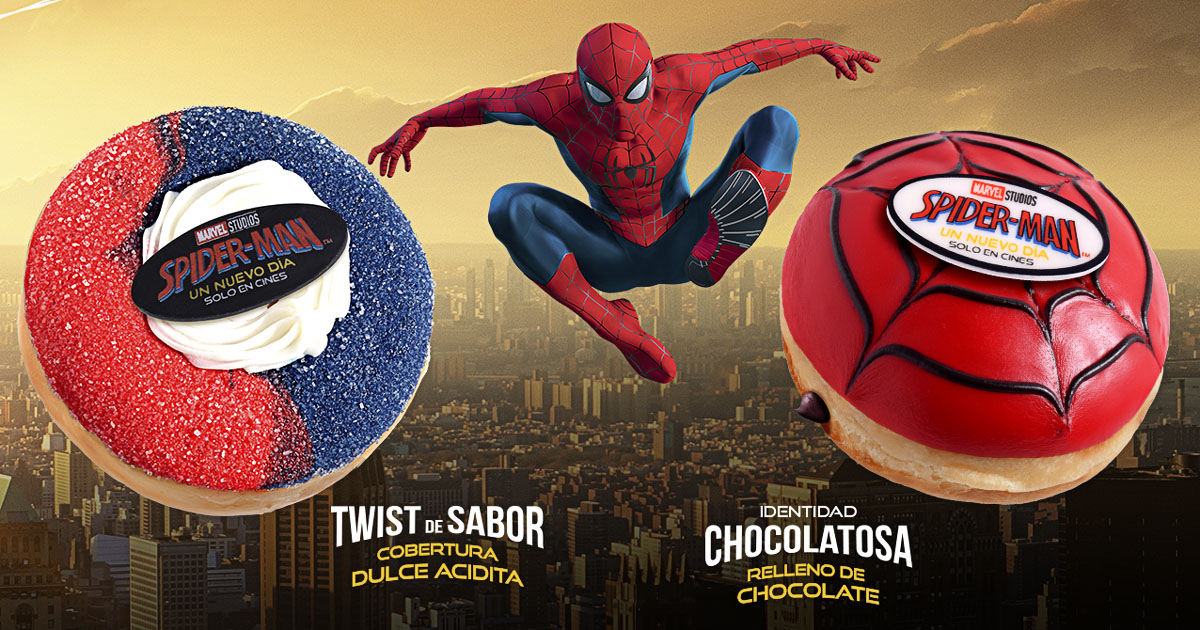 メキシコのクリスピー・クリームで展開されている、映画『スパイダーマン：ブランド・ニュー・デイ』のタイアップキャンペーンの画像。