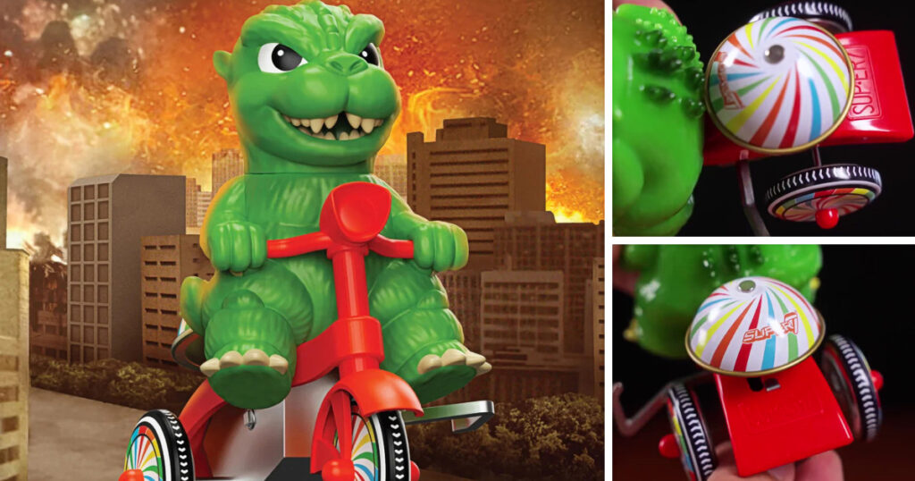 Super7が展開する「Super Cycles」シリーズから登場した、グリーンのゴジラが赤いゼンマイ式三輪車に乗ったフィギュア「Super7 Super Cycles - Godzilla (Green w/ Red Trike)」の画像。