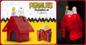 メキシコの映画館チェーン Cinemex が展開する、『Peanuts』の世界観を立体化したLEDライトアップ機能付き3Dポップコーンバケットセットの画像。