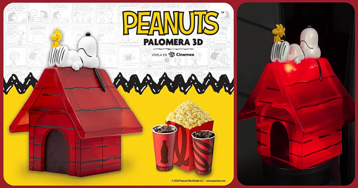 メキシコの映画館チェーン Cinemex が展開する、『Peanuts』の世界観を立体化したLEDライトアップ機能付き3Dポップコーンバケットセットの画像。