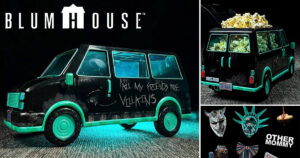 ブラムハウスが創業初期の移動オフィスだった伝説のバンをモチーフに展開する、「Blumhouse Van Popcorn Bucket with Stickers and Fog」の画像。