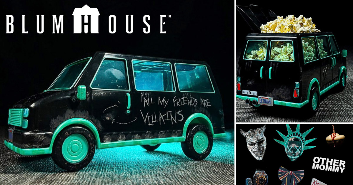 ブラムハウスが創業初期の移動オフィスだった伝説のバンをモチーフに展開する、「Blumhouse Van Popcorn Bucket with Stickers and Fog」の画像。