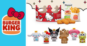 ハローキティのリボンがついたバーガーキングロゴと、サンリオキャラクターのおもちゃやクラウンが付属する「Hello Kitty and Friends King Jr. Kids' Meal」のセット一覧