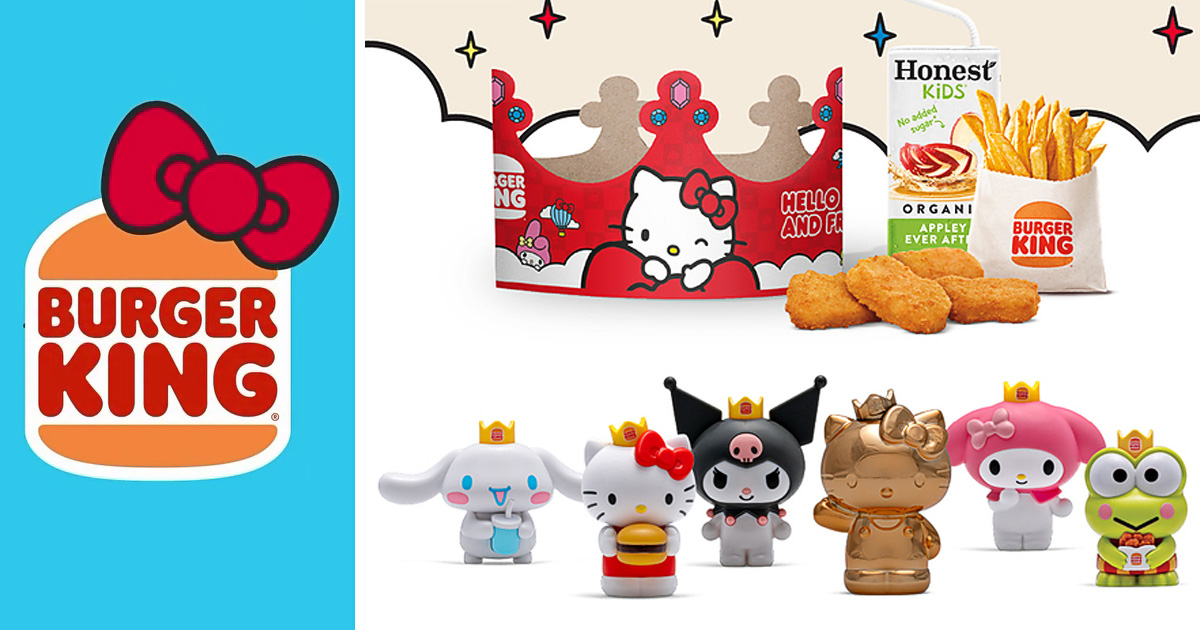 ハローキティのリボンがついたバーガーキングロゴと、サンリオキャラクターのおもちゃやクラウンが付属する「Hello Kitty and Friends King Jr. Kids' Meal」のセット一覧