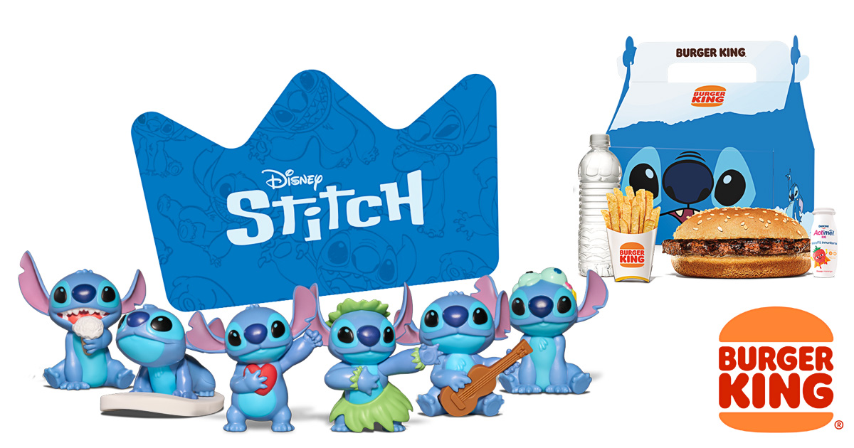 ディズニーの『リロ＆スティッチ』コラボとして登場した、スペインのバーガーキング「Disney Stitch King Jr.」の限定セットと全6種類のスティッチフィギュア。