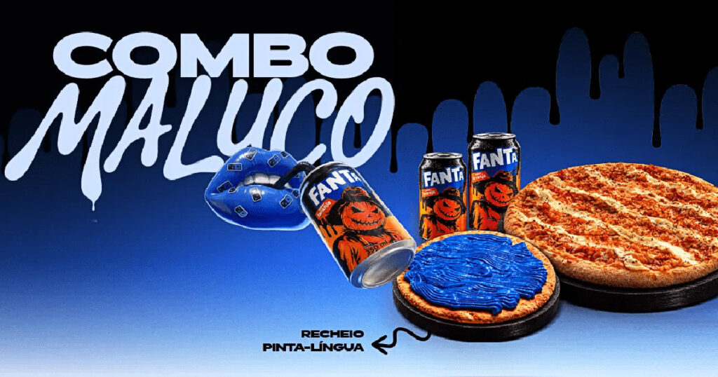 ブラジルのドミノ・ピザがハロウィン限定で発売した、舌が青く染まる「Pizza Maluca」と「Fanta Mistério」がセットになった「Combo Maluco」の画像。