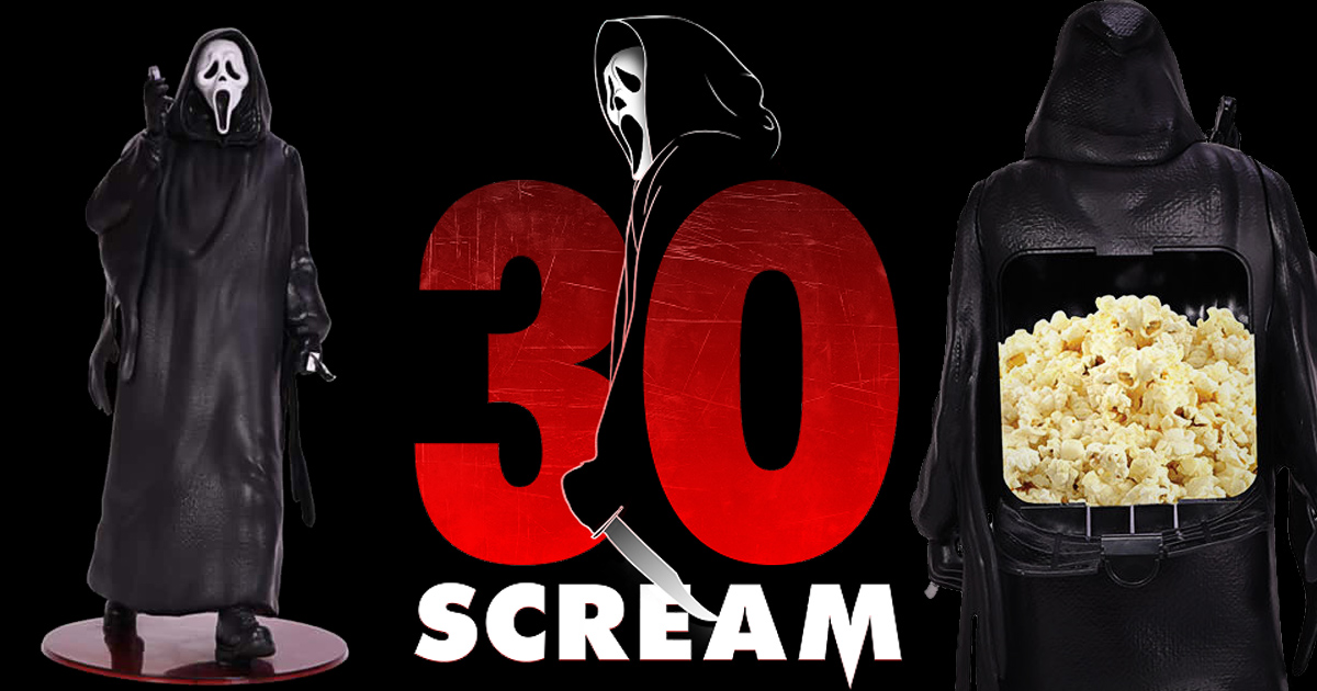 映画『スクリーム』の公開30周年を祝い、Cinemarkの公式ショップで販売されている「Scream 30th Anniversary Popcorn Bucket Ghostface Figurine」の見出し画像。