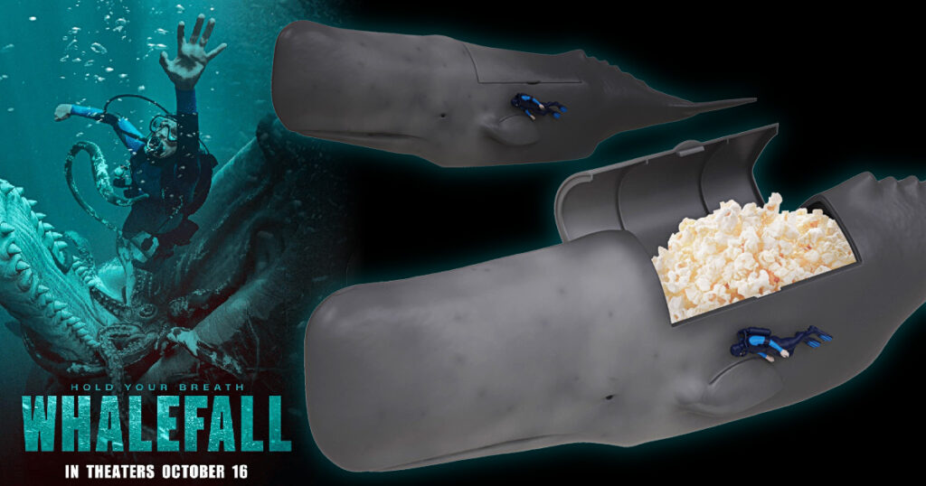 映画『クジラに落ちた男』の公開にあわせ、Marcus Only In Theatres Shopで販売が始まった公式ポップコーンバケットの画像。