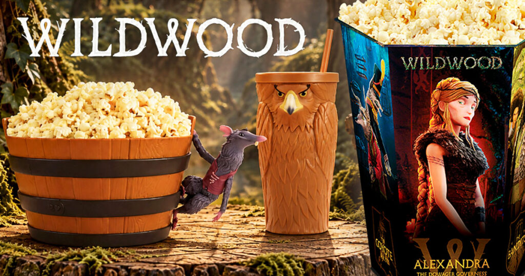 映画『ワイルドウッド』に関連して、Penn Cinema ShopとオーストラリアのHOYTS Gift Shopで販売されているポップコーンバケット、ドリンクカップ、ポップコーン缶。